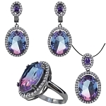 Комплект "Регина" фианит "турмалин"фиолетово - голубой, черная эмаль, размеры кольца: 19, 20