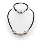 Колье и браслет майорка розовая, овальные 16х20мм на кожанной веревке, короткое 50см