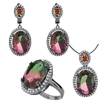 Комплект "Регина" фианит "турмалин"красно - зеленый, черная эмаль, размеры кольца: 19