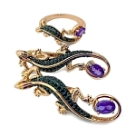Комплект "Ящерки", фианит цвета "темный аметист", покрытие под золото, размеры кольца:17, 20